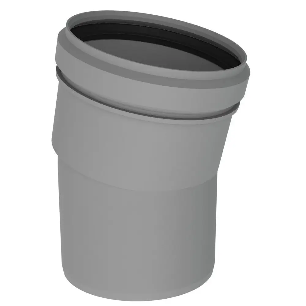 Grauer Kunststoffbogen mit einem geneigten Ende, geeignet für Rohrsysteme. Produkt von Remeha, verwendet in Sanitär- oder Heizungsanwendungen.